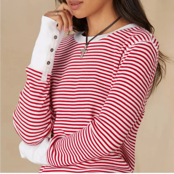 SUNDANCE Striped Thermal Long Sleeve Shirt Size Petite Large - Picture 5 of 9